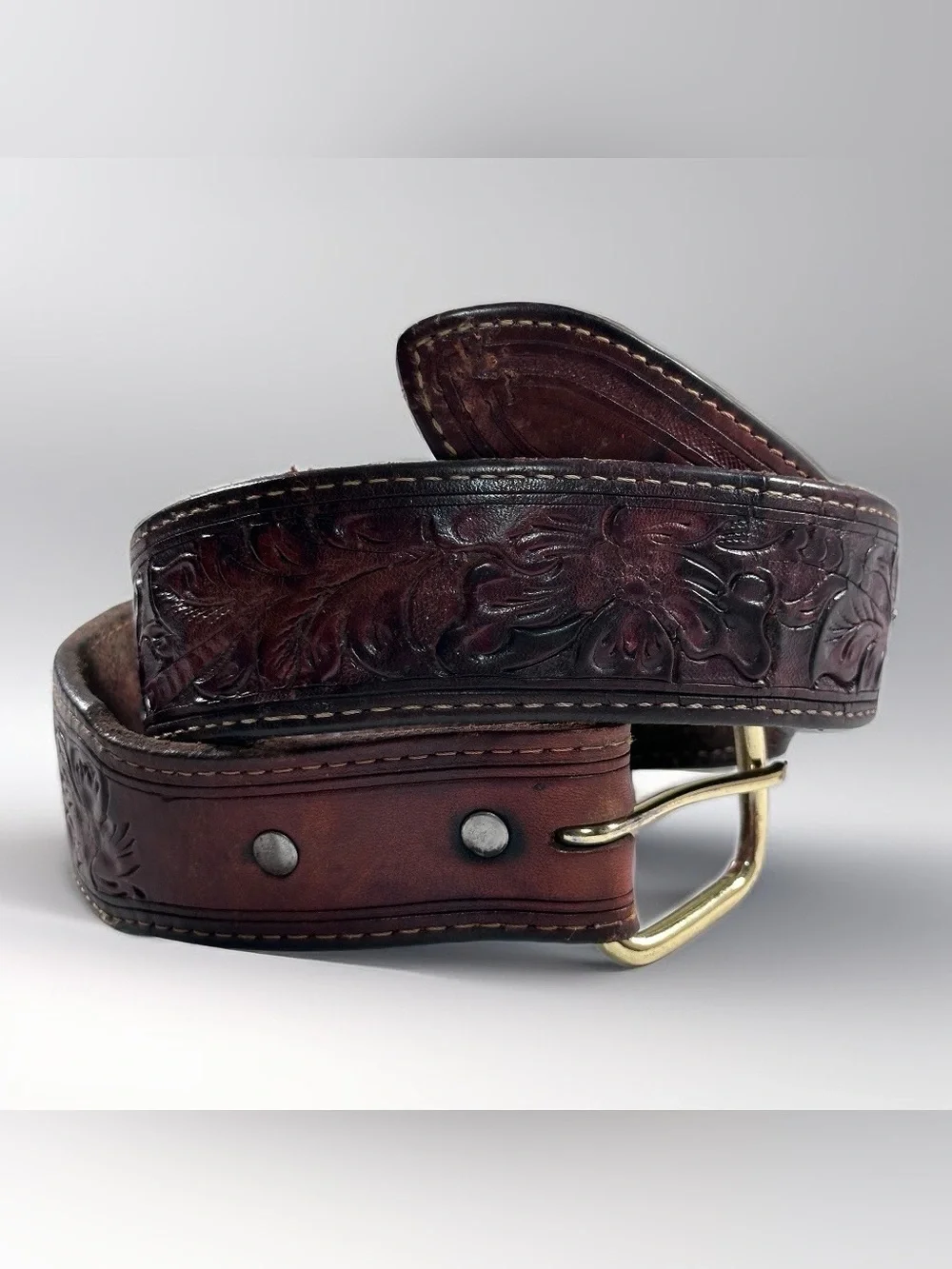 Vintage Hand Tooled Leather Western Belt Floral Carved Brown Brass Buckle